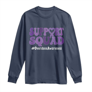 Support Squad Overdose Awareness Long Sleeve Shirt Purple Ribbon Groovy Typography Graphic