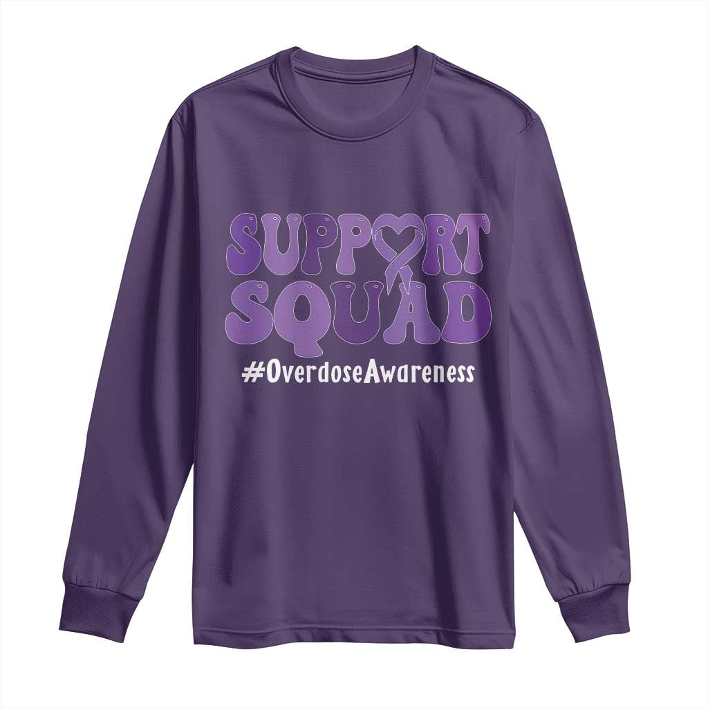 Support Squad Overdose Awareness Long Sleeve Shirt Purple Ribbon Groovy Typography Graphic