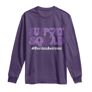 Support Squad Overdose Awareness Long Sleeve Shirt Purple Ribbon Groovy Typography Graphic