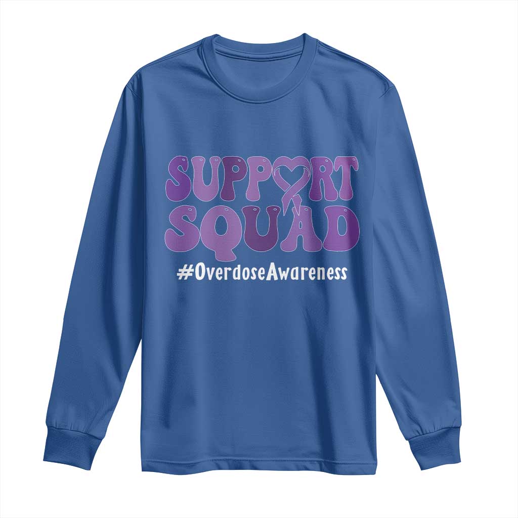 Support Squad Overdose Awareness Long Sleeve Shirt Purple Ribbon Groovy Typography Graphic