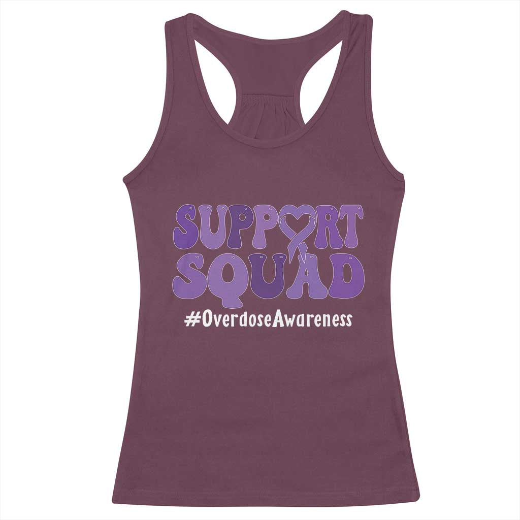 Support Squad Overdose Awareness Racerback Tank Top Purple Ribbon Groovy Typography Graphic