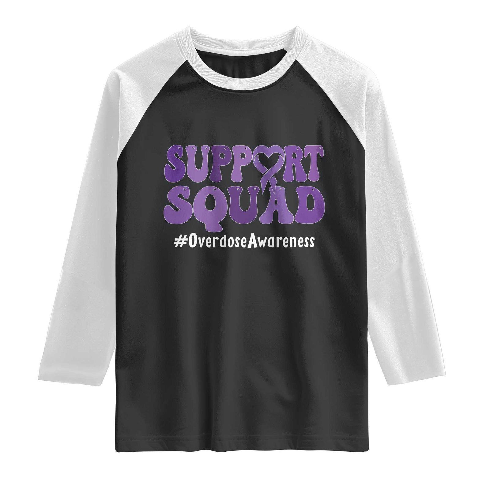 Support Squad Overdose Awareness Raglan Shirt Purple Ribbon Groovy Typography Graphic TS10 Black White Print Your Wear