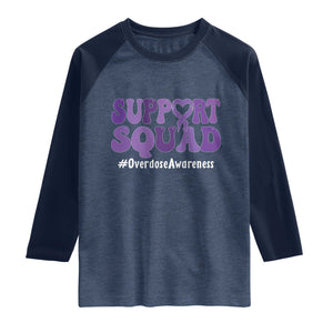 Support Squad Overdose Awareness Raglan Shirt Purple Ribbon Groovy Typography Graphic