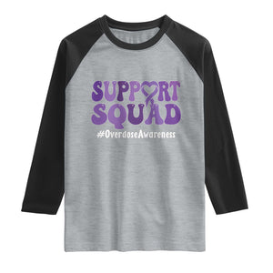 Support Squad Overdose Awareness Raglan Shirt Purple Ribbon Groovy Typography Graphic