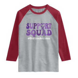 Support Squad Overdose Awareness Raglan Shirt Purple Ribbon Groovy Typography Graphic