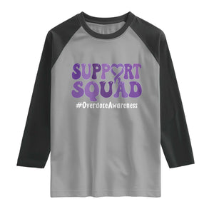 Support Squad Overdose Awareness Raglan Shirt Purple Ribbon Groovy Typography Graphic