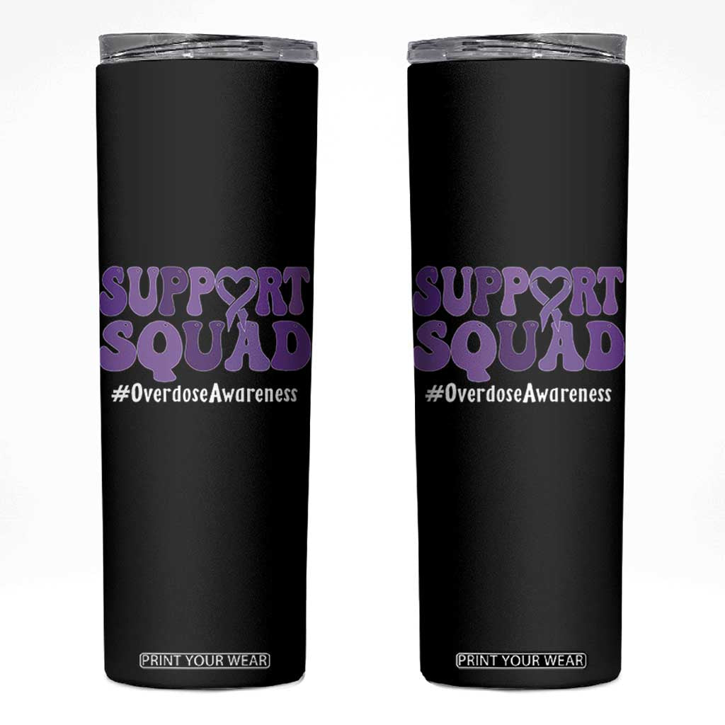 Support Squad Overdose Awareness Skinny Tumbler Purple Ribbon Groovy Typography Graphic