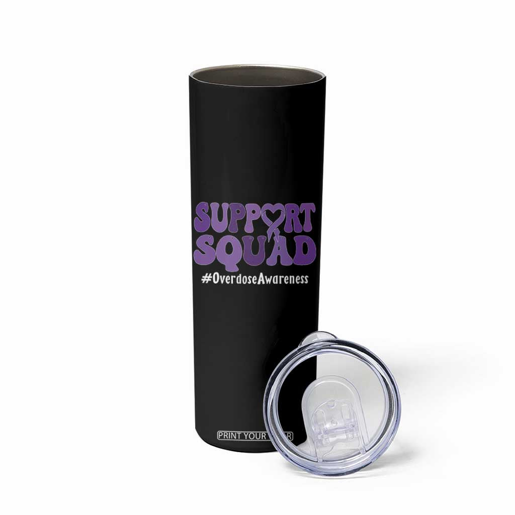 Support Squad Overdose Awareness Skinny Tumbler Purple Ribbon Groovy Typography Graphic