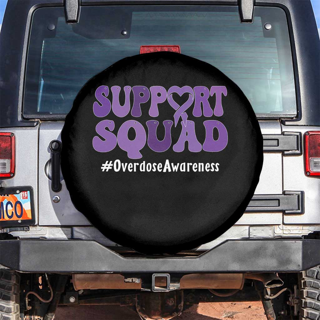 Support Squad Overdose Awareness Spare Tire Cover Purple Ribbon Groovy Typography Graphic TS10 No hole Black Print Your Wear