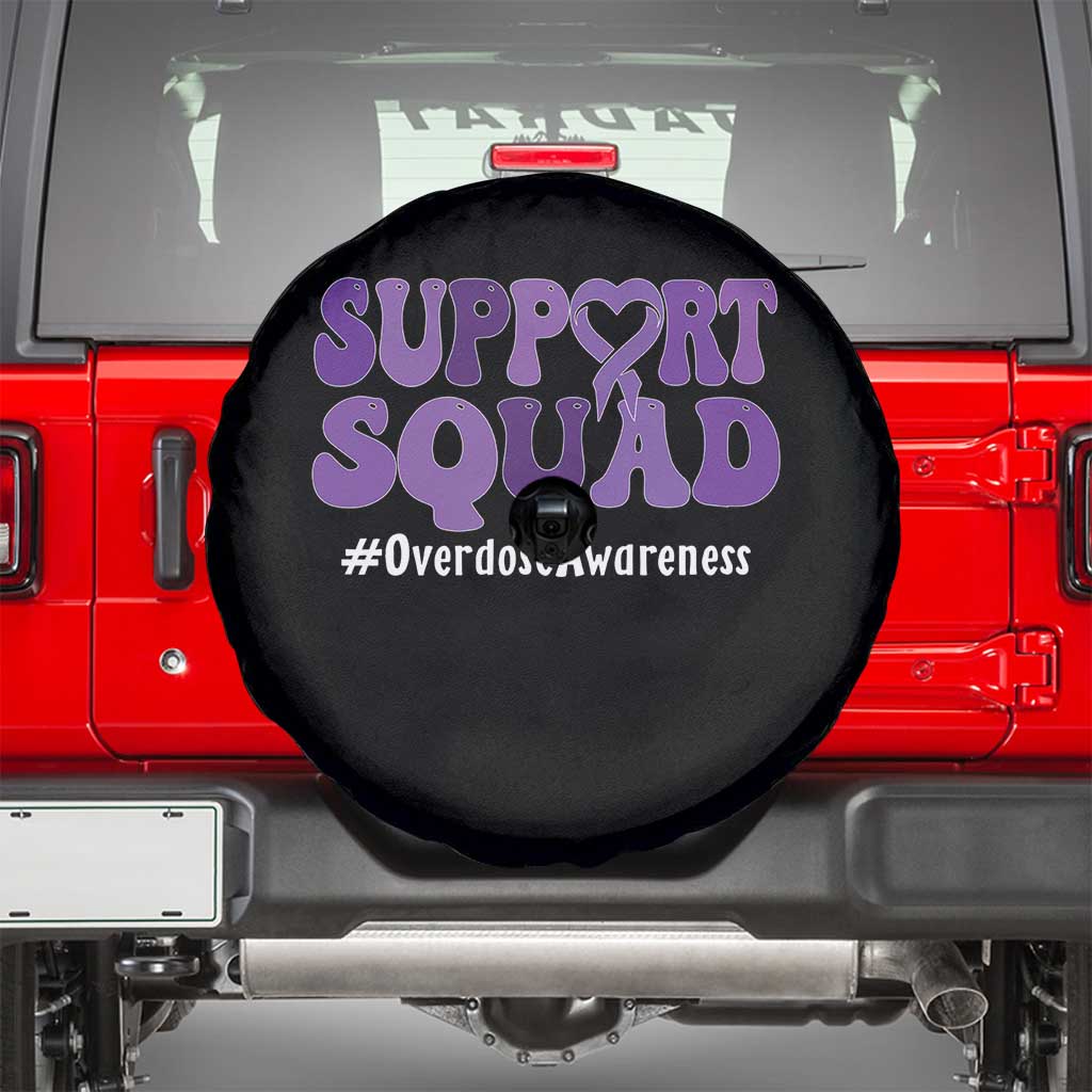 Support Squad Overdose Awareness Spare Tire Cover Purple Ribbon Groovy Typography Graphic