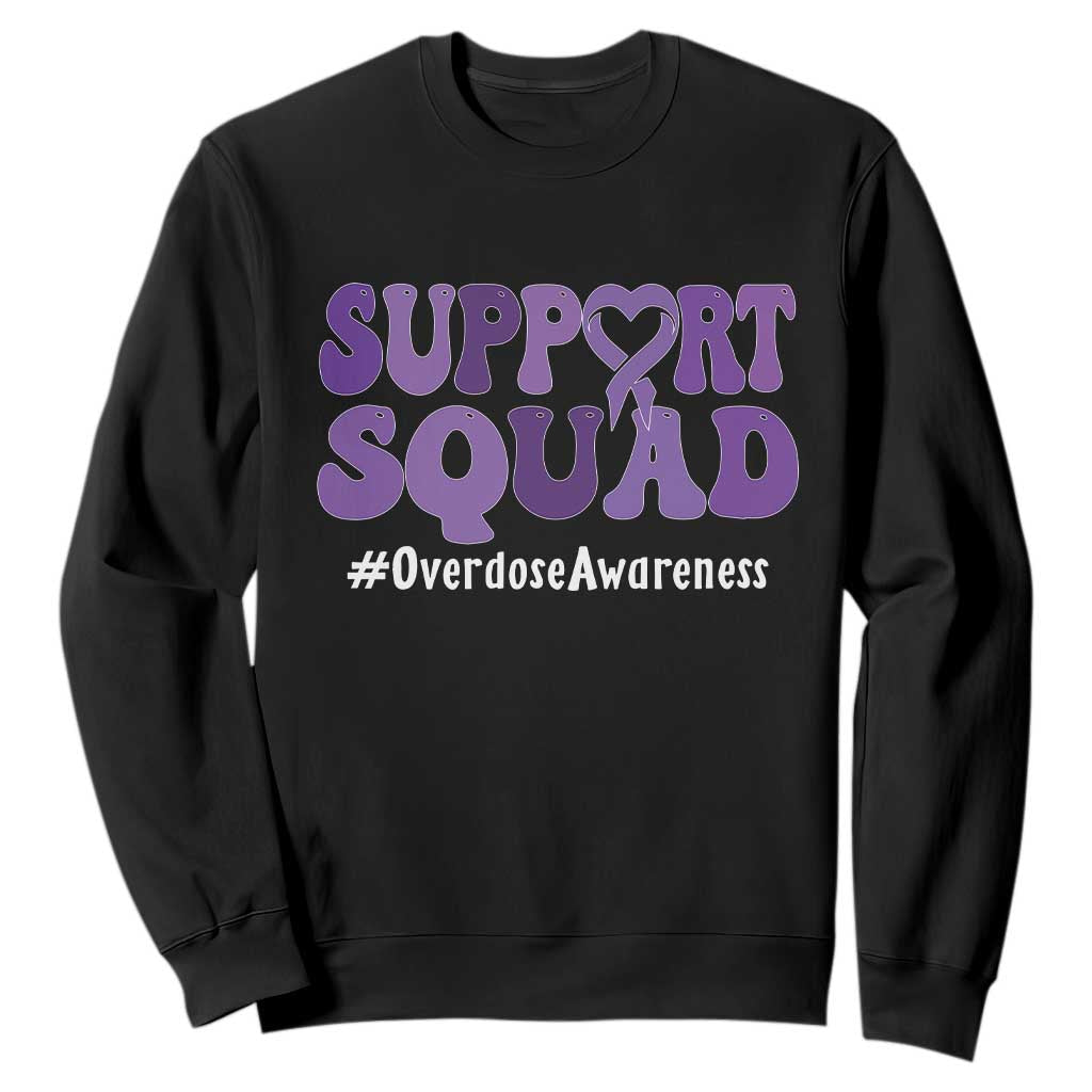Support Squad Overdose Awareness Sweatshirt Purple Ribbon Groovy Typography Graphic