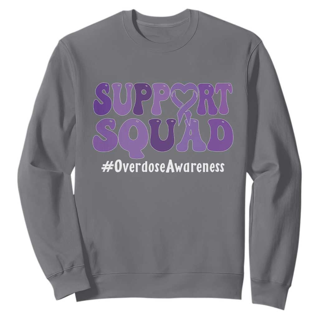 Support Squad Overdose Awareness Sweatshirt Purple Ribbon Groovy Typography Graphic