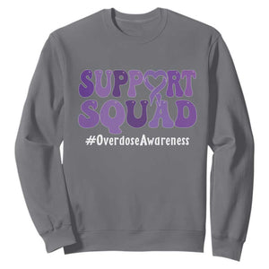 Support Squad Overdose Awareness Sweatshirt Purple Ribbon Groovy Typography Graphic