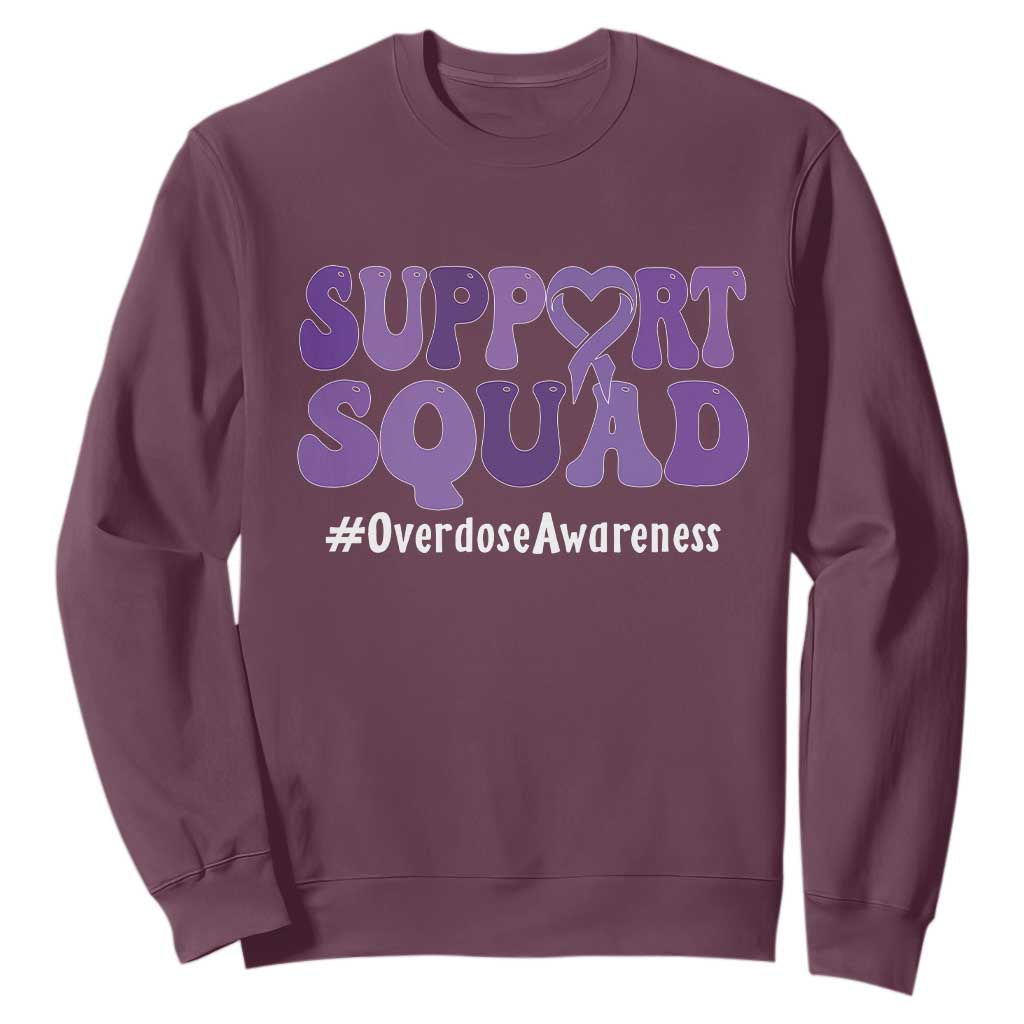 Support Squad Overdose Awareness Sweatshirt Purple Ribbon Groovy Typography Graphic