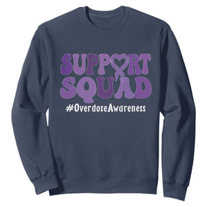 Support Squad Overdose Awareness Sweatshirt Purple Ribbon Groovy Typography Graphic