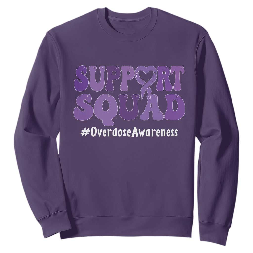 Support Squad Overdose Awareness Sweatshirt Purple Ribbon Groovy Typography Graphic
