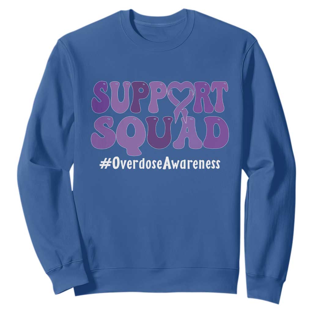 Support Squad Overdose Awareness Sweatshirt Purple Ribbon Groovy Typography Graphic