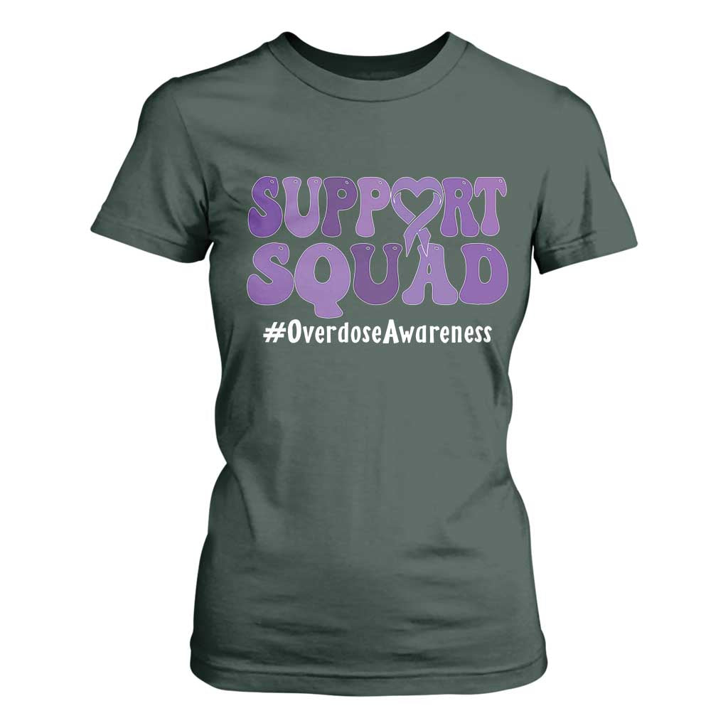 Support Squad Overdose Awareness T Shirt For Women Purple Ribbon Groovy Typography Graphic