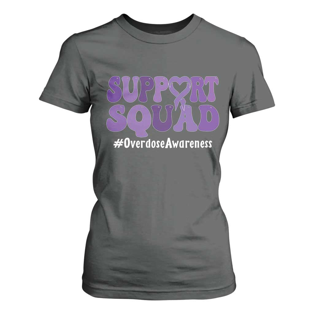 Support Squad Overdose Awareness T Shirt For Women Purple Ribbon Groovy Typography Graphic