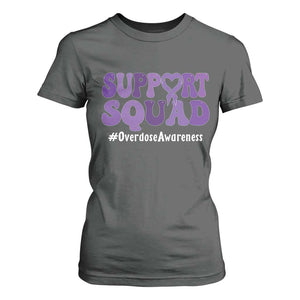 Support Squad Overdose Awareness T Shirt For Women Purple Ribbon Groovy Typography Graphic