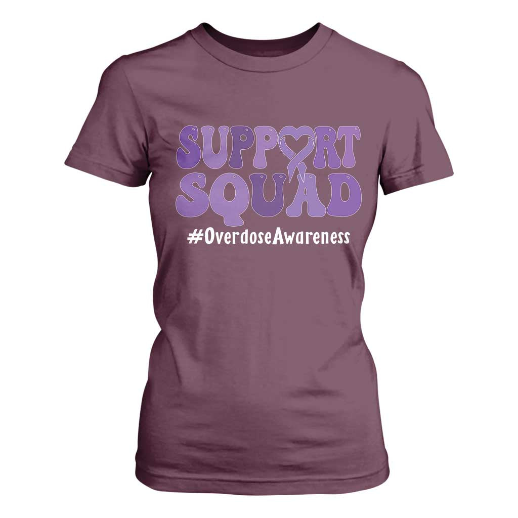 Support Squad Overdose Awareness T Shirt For Women Purple Ribbon Groovy Typography Graphic
