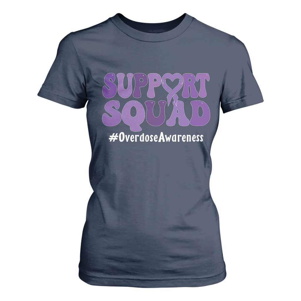 Support Squad Overdose Awareness T Shirt For Women Purple Ribbon Groovy Typography Graphic