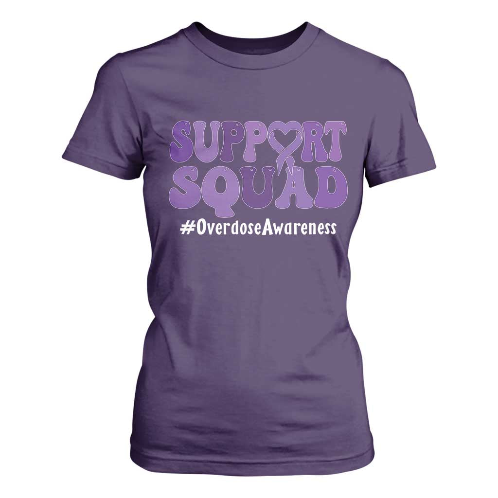Support Squad Overdose Awareness T Shirt For Women Purple Ribbon Groovy Typography Graphic