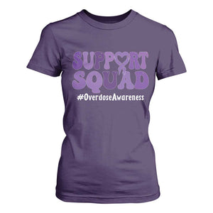 Support Squad Overdose Awareness T Shirt For Women Purple Ribbon Groovy Typography Graphic