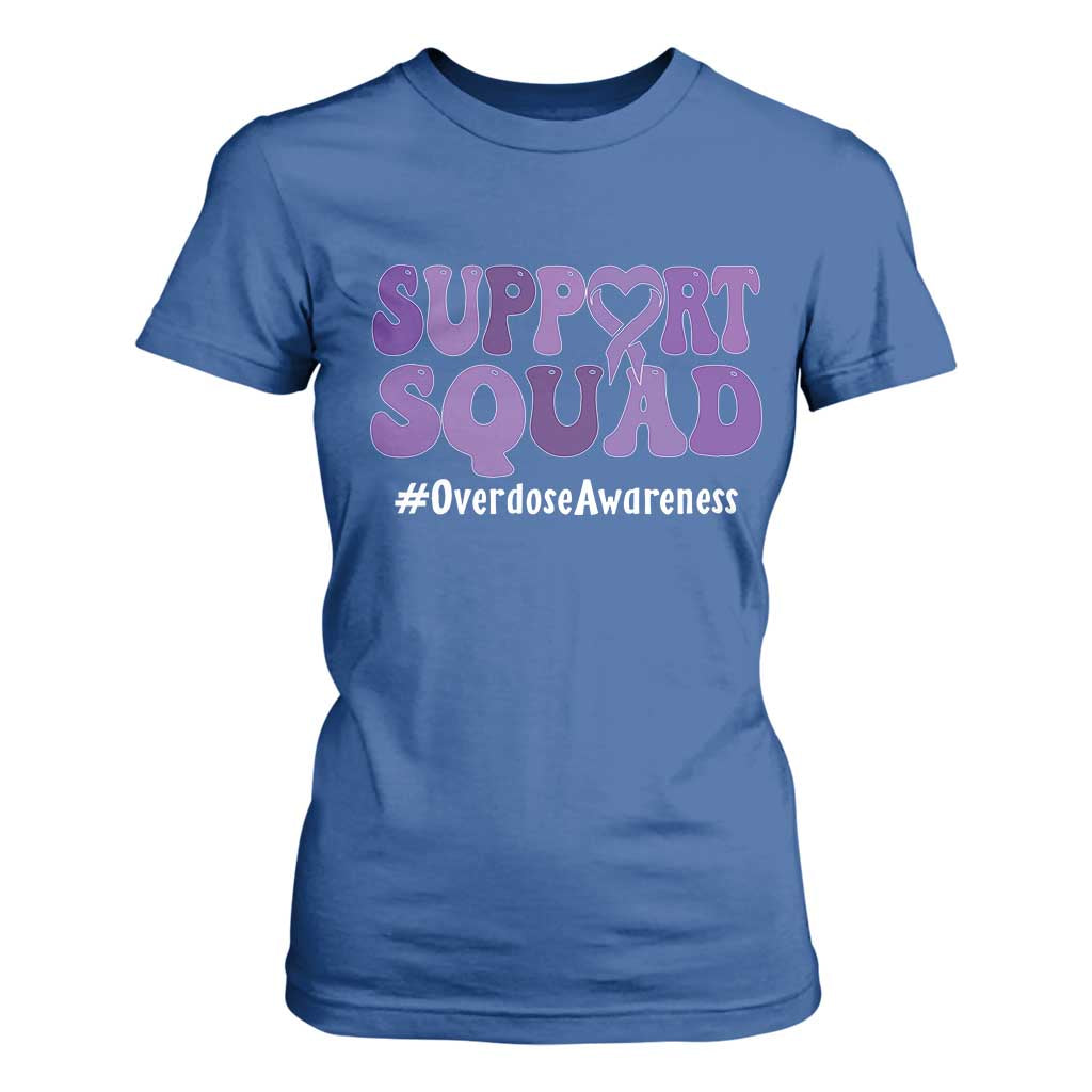 Support Squad Overdose Awareness T Shirt For Women Purple Ribbon Groovy Typography Graphic