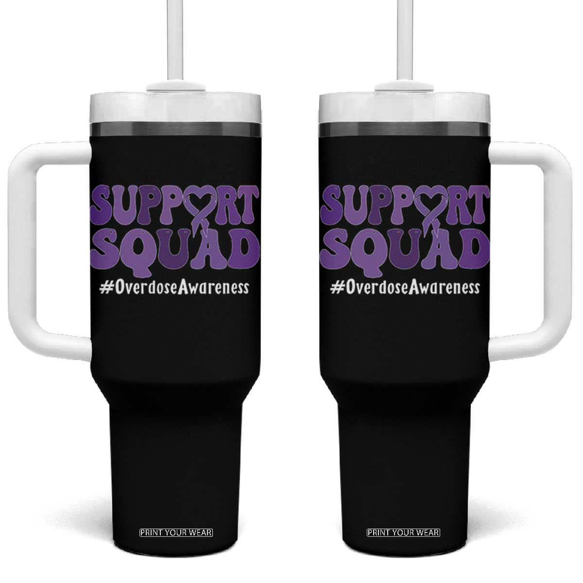 Support Squad Overdose Awareness Tumbler With Handle Purple Ribbon Groovy Typography Graphic TS10 One Size: 40 oz Black Print Your Wear