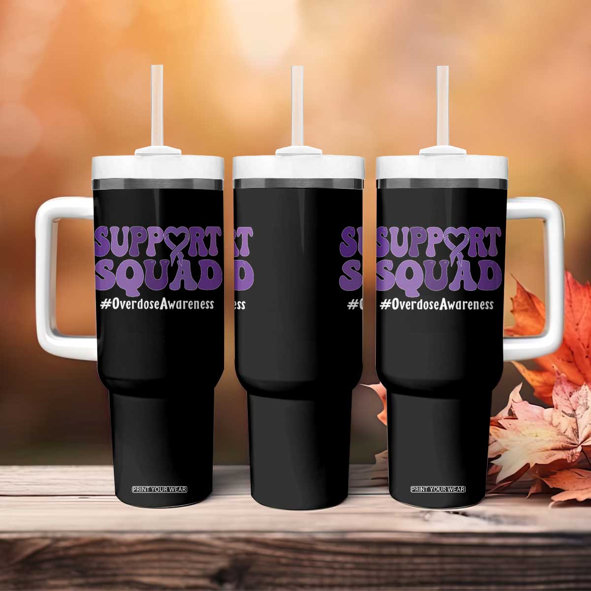 Support Squad Overdose Awareness Tumbler With Handle Purple Ribbon Groovy Typography Graphic