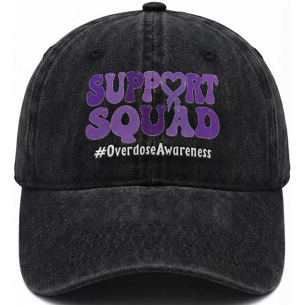 Support Squad Overdose Awareness Washed Cotton Baseball Cap Purple Ribbon Groovy Typography Graphic TS10 Print Your Wear