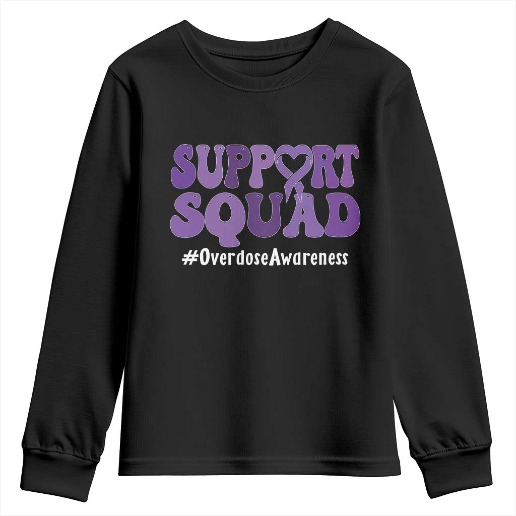 Support Squad Overdose Awareness Youth Sweatshirt Purple Ribbon Groovy Typography Graphic TS10 Black Print Your Wear
