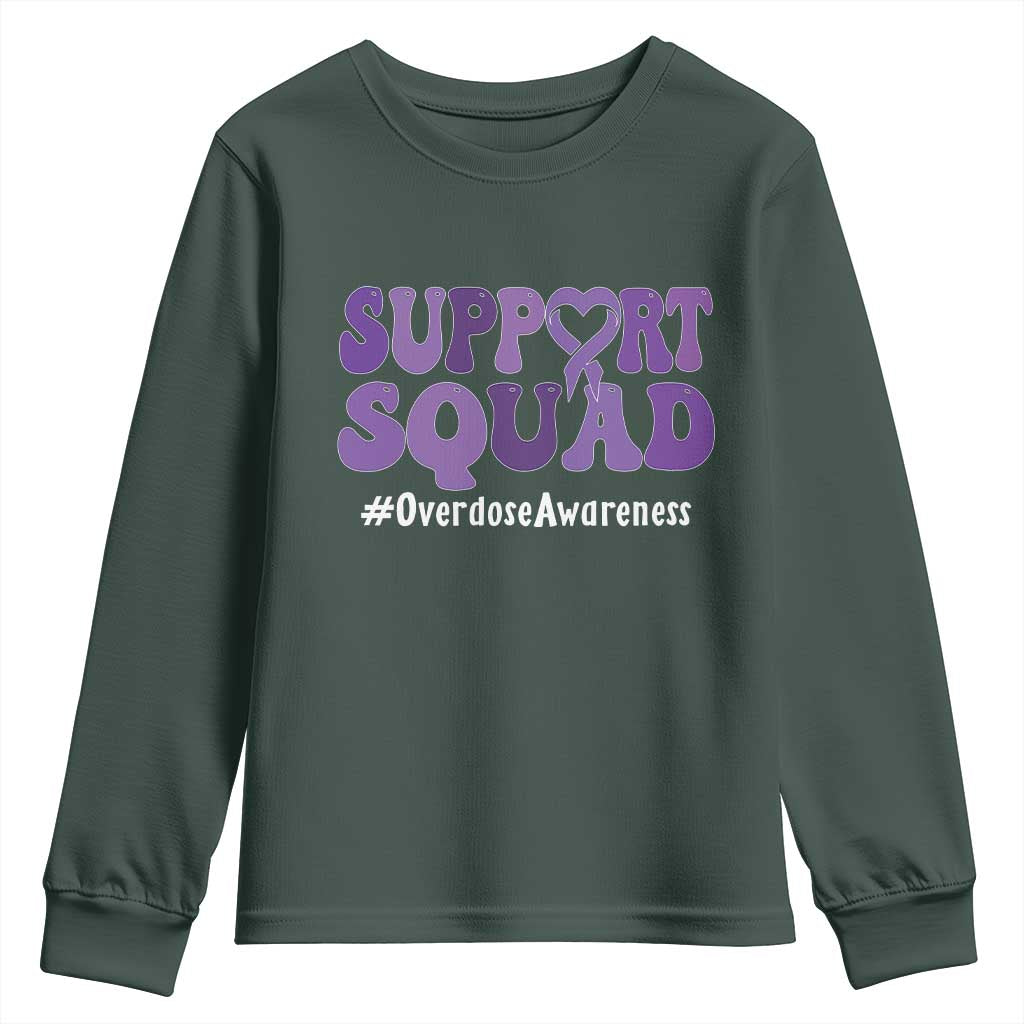 Support Squad Overdose Awareness Youth Sweatshirt Purple Ribbon Groovy Typography Graphic