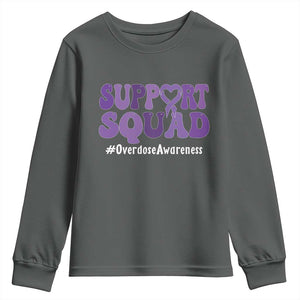 Support Squad Overdose Awareness Youth Sweatshirt Purple Ribbon Groovy Typography Graphic