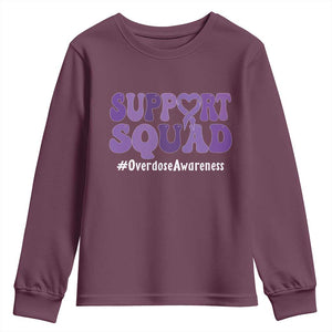 Support Squad Overdose Awareness Youth Sweatshirt Purple Ribbon Groovy Typography Graphic