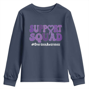 Support Squad Overdose Awareness Youth Sweatshirt Purple Ribbon Groovy Typography Graphic