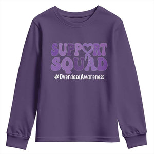 Support Squad Overdose Awareness Youth Sweatshirt Purple Ribbon Groovy Typography Graphic