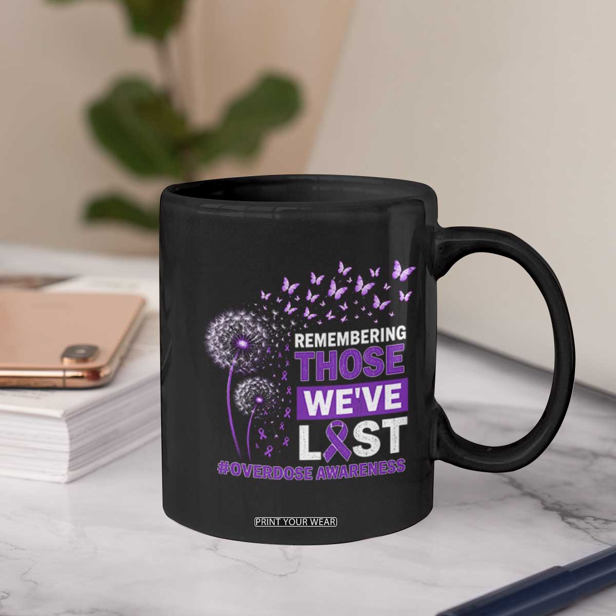 Overdose Awareness Coffee Mug Remembering Those We Have Lost Dandelion Purple Ribbon Memorial