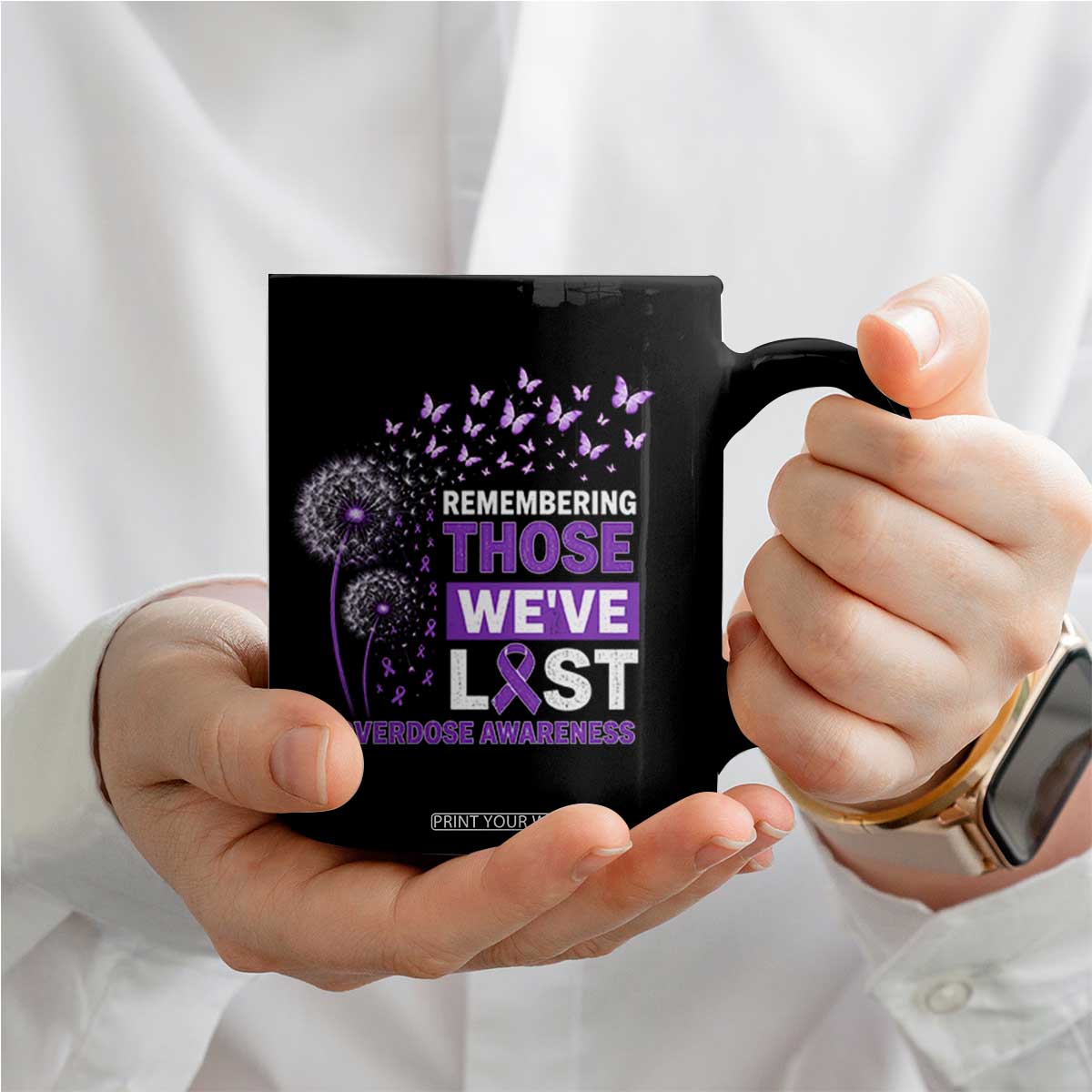 Overdose Awareness Coffee Mug Remembering Those We Have Lost Dandelion Purple Ribbon Memorial