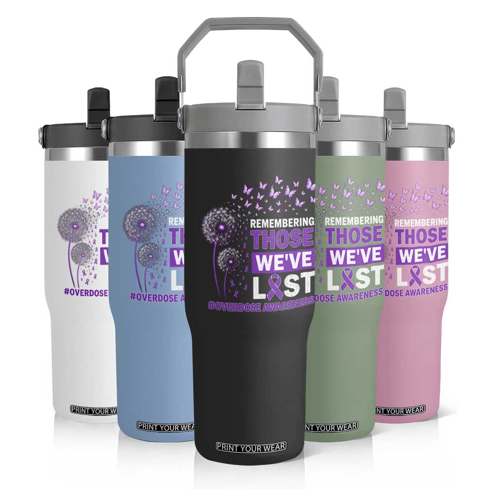Overdose Awareness Flip Straw Tumbler Remembering Those We Have Lost Dandelion Purple Ribbon Memorial