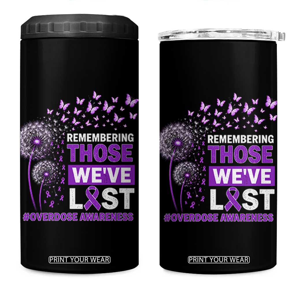 Overdose Awareness 4 in 1 Can Cooler Tumbler Remembering Those We Have Lost Dandelion Purple Ribbon Memorial