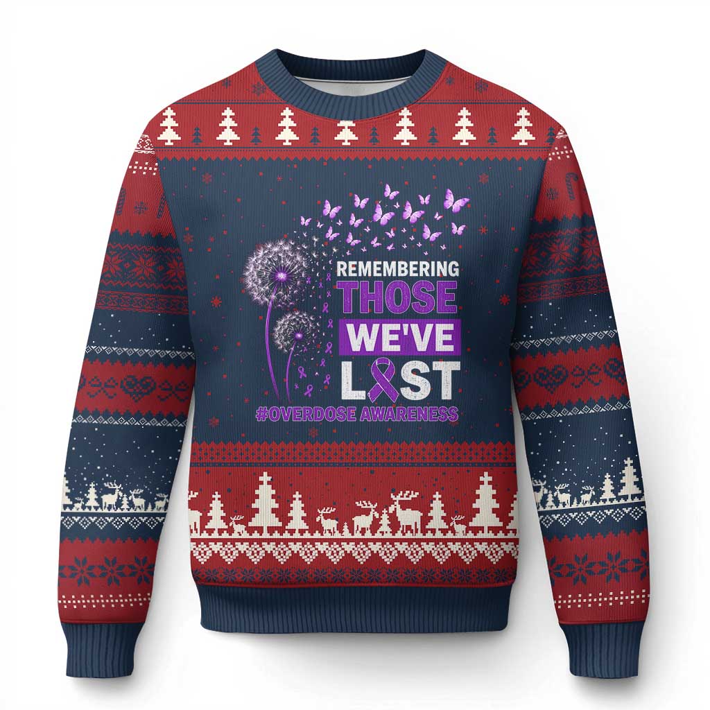 Overdose Awareness Ugly Christmas Sweater Remembering Those We Have Lost Dandelion Purple Ribbon Memorial TS10 Navy Red Print Your Wear