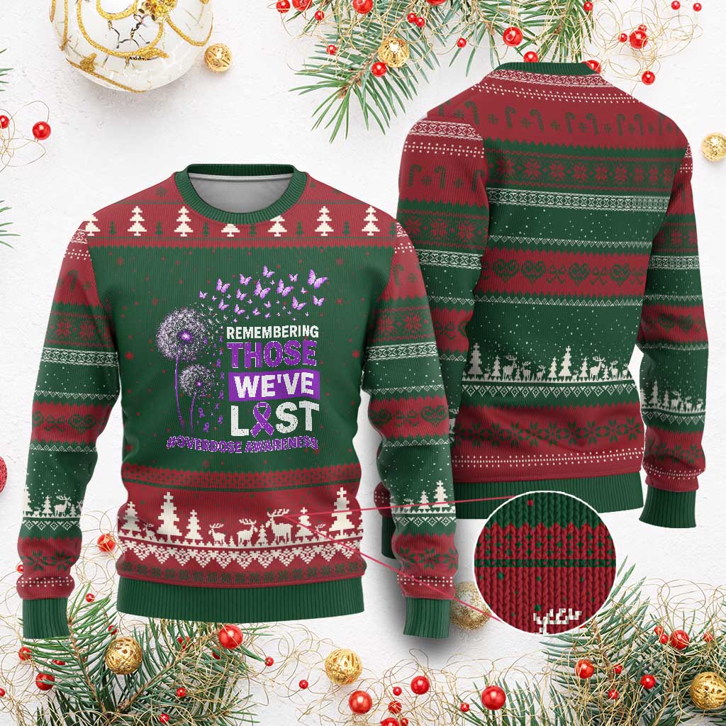 Overdose Awareness Ugly Christmas Sweater Remembering Those We Have Lost Dandelion Purple Ribbon Memorial