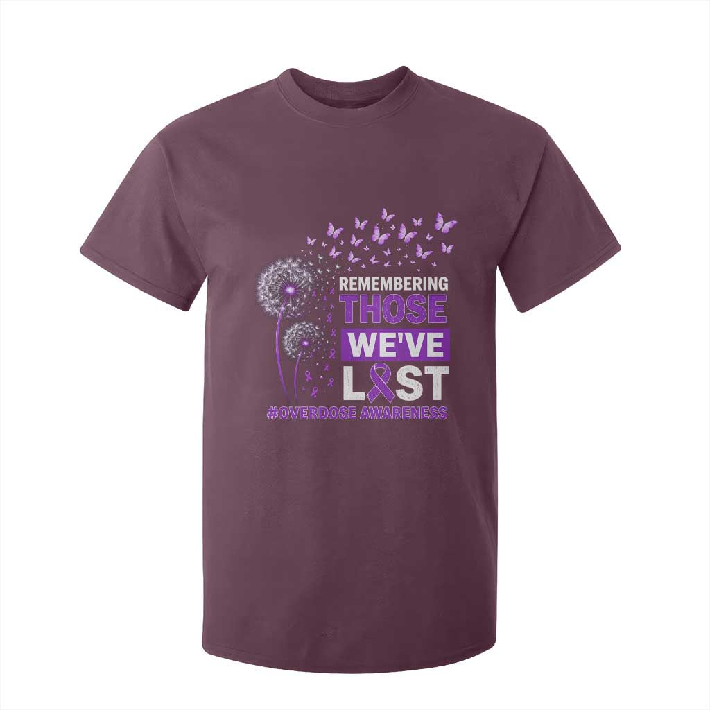 Overdose Awareness T Shirt For Kid Remembering Those We Have Lost Dandelion Purple Ribbon Memorial