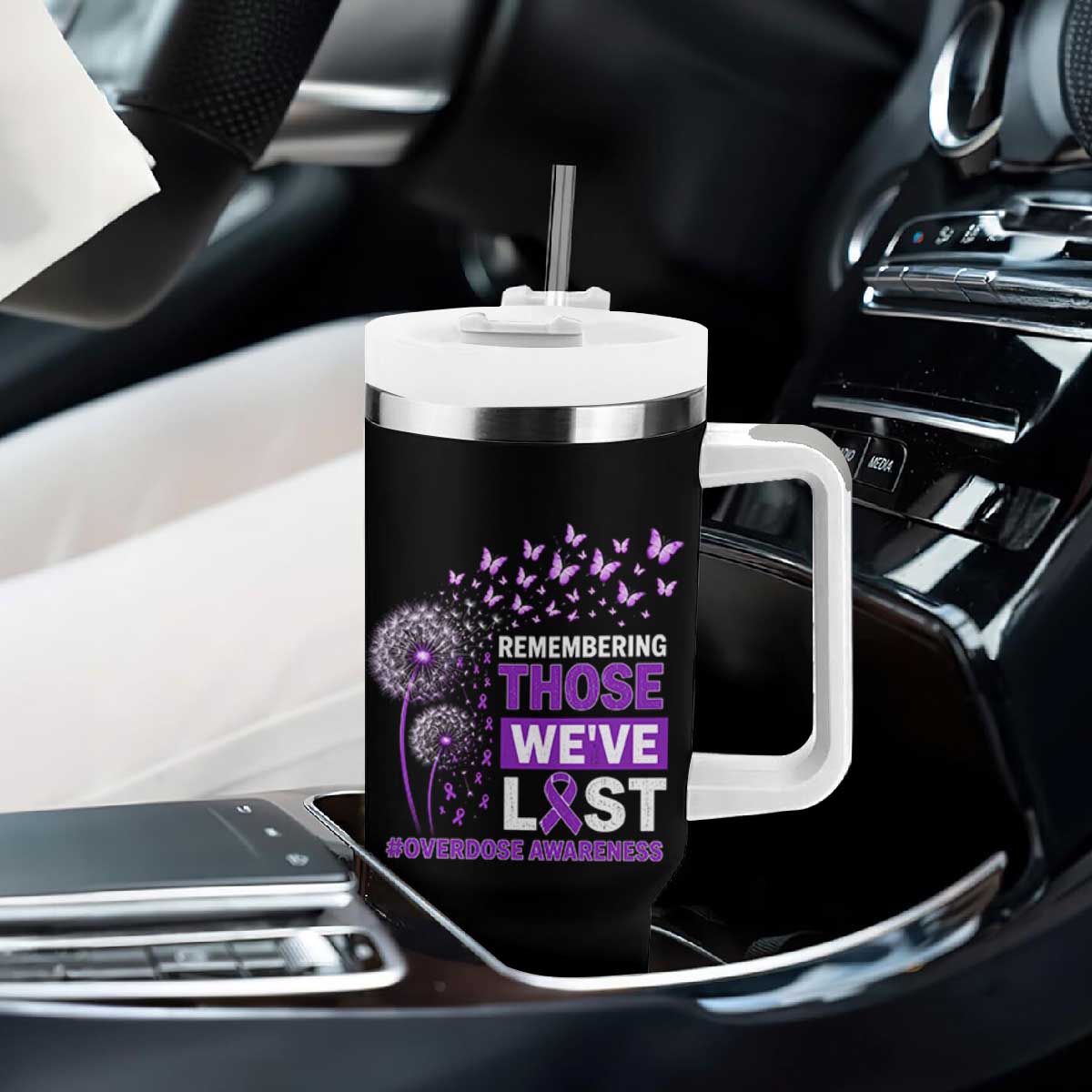 Overdose Awareness Tumbler With Handle Remembering Those We Have Lost Dandelion Purple Ribbon Memorial