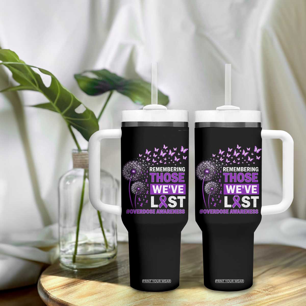 Overdose Awareness Tumbler With Handle Remembering Those We Have Lost Dandelion Purple Ribbon Memorial