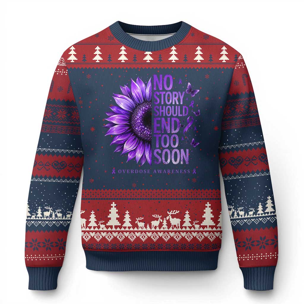 No Story Should End Too Soon Purple Sunflower Overdose Awareness Ugly Christmas Sweater TS10 Navy Red Print Your Wear