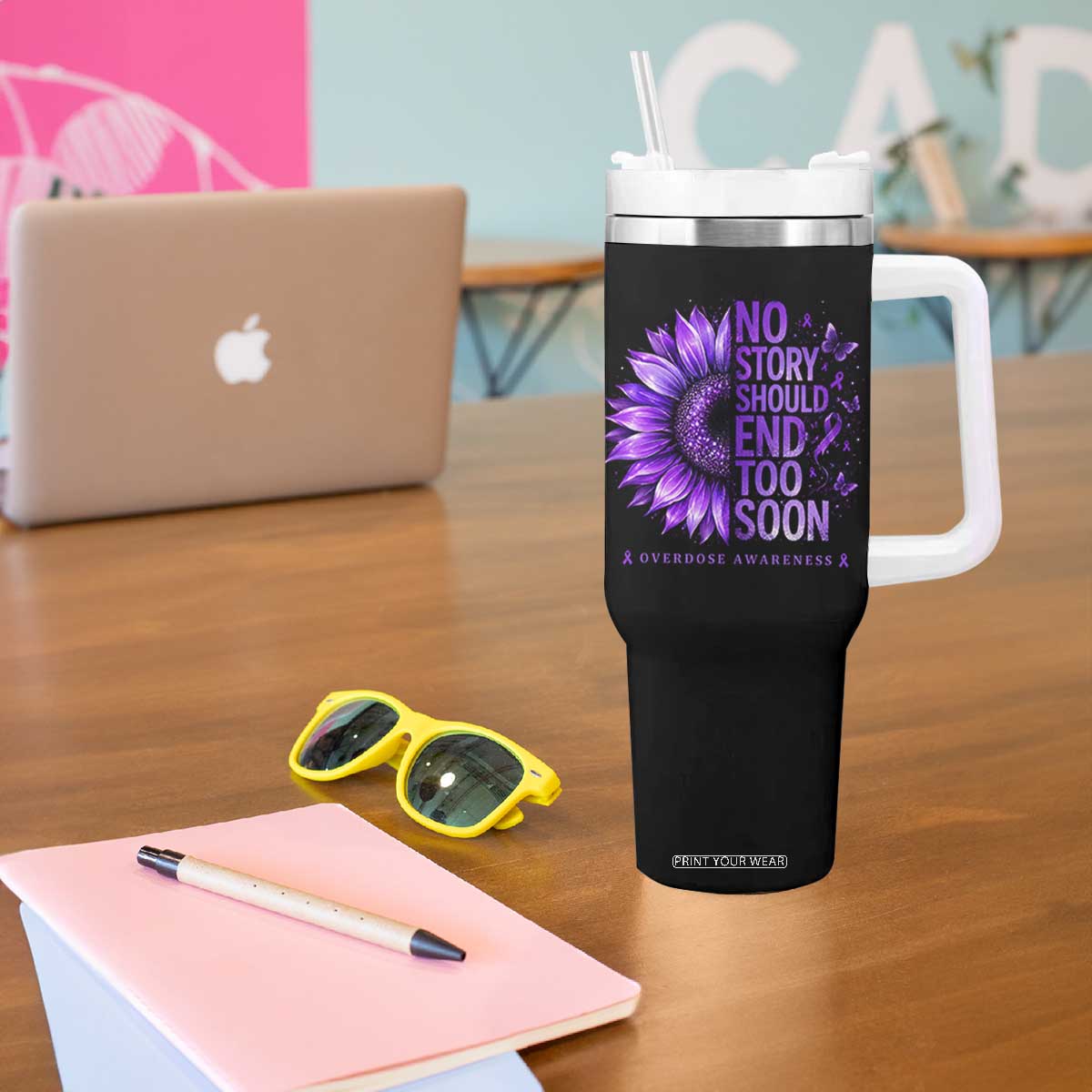 No Story Should End Too Soon Purple Sunflower Overdose Awareness Tumbler With Handle