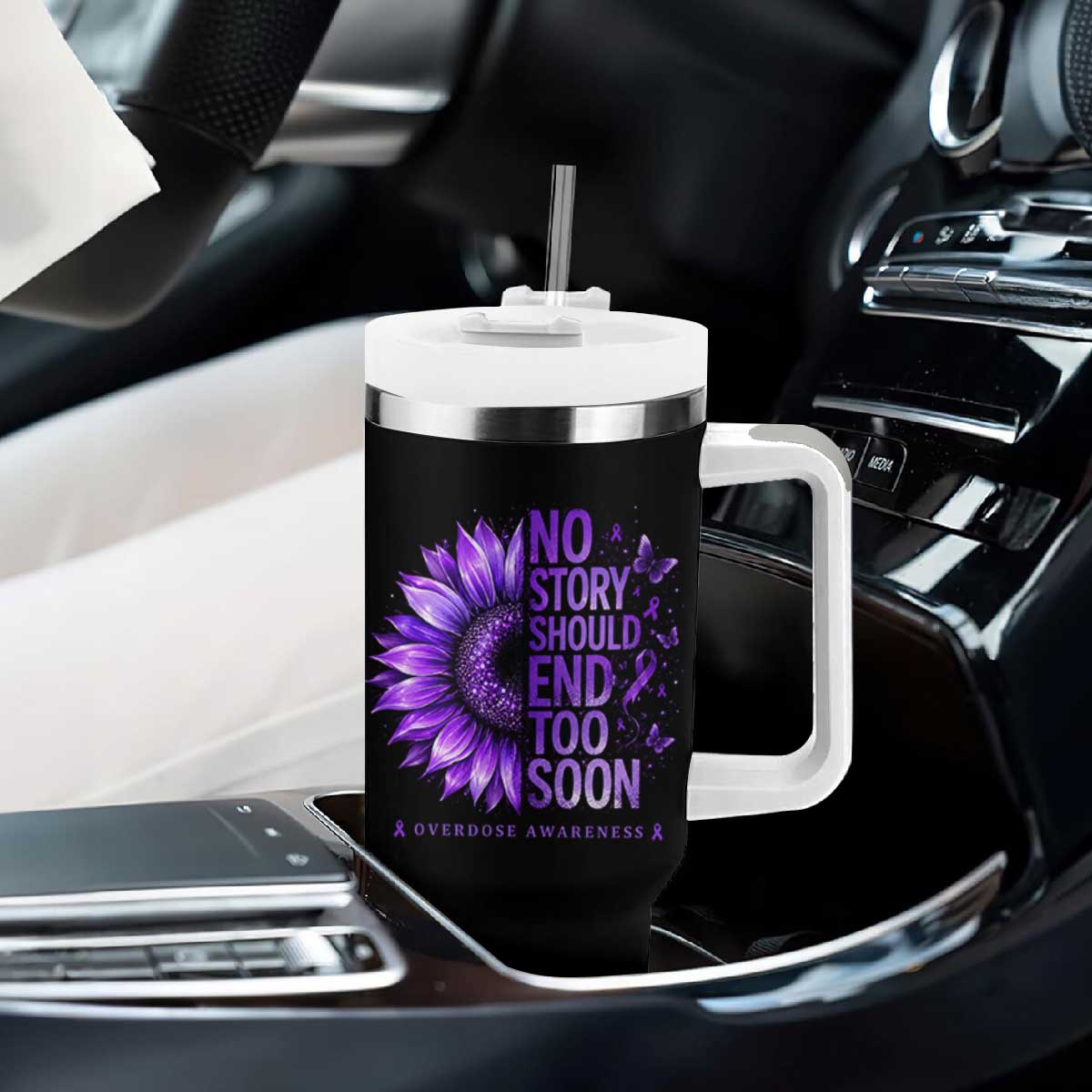 No Story Should End Too Soon Purple Sunflower Overdose Awareness Tumbler With Handle